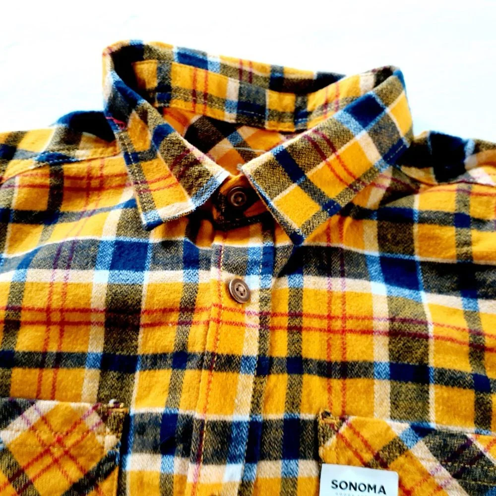 Sonoma Boys Shirt Flannel Yellow Plaid Button Down Size 10 New